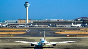Haneda Airport Terminal 3 and the control tower, seen from the observation deck during a Haneda layover