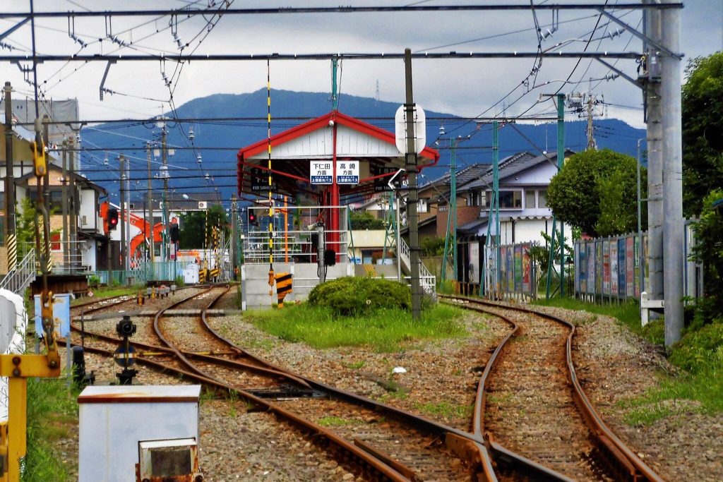 A Joshin Dentetsu station signed for Shimonita and Takasaki, on the line to Tomioka Silk Mill