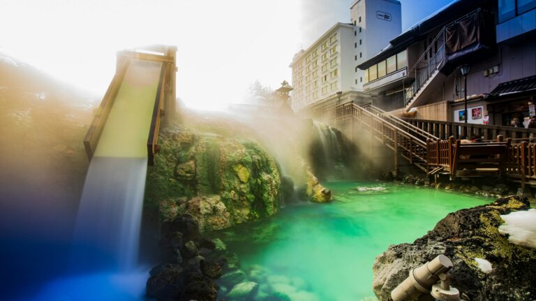 Onsen towns Japan: the steaming Yubatake in Kusatsu Onsen, Gunma