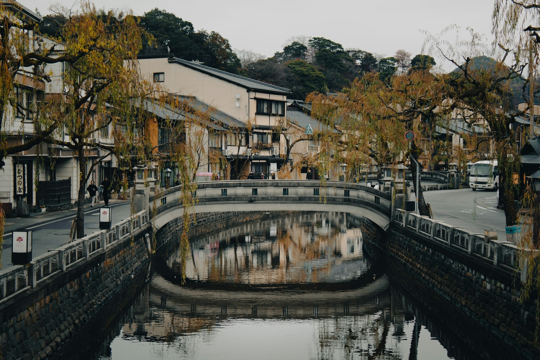 Willow-lined canal and stone bridge in Kinosaki Onsen, Hyogo