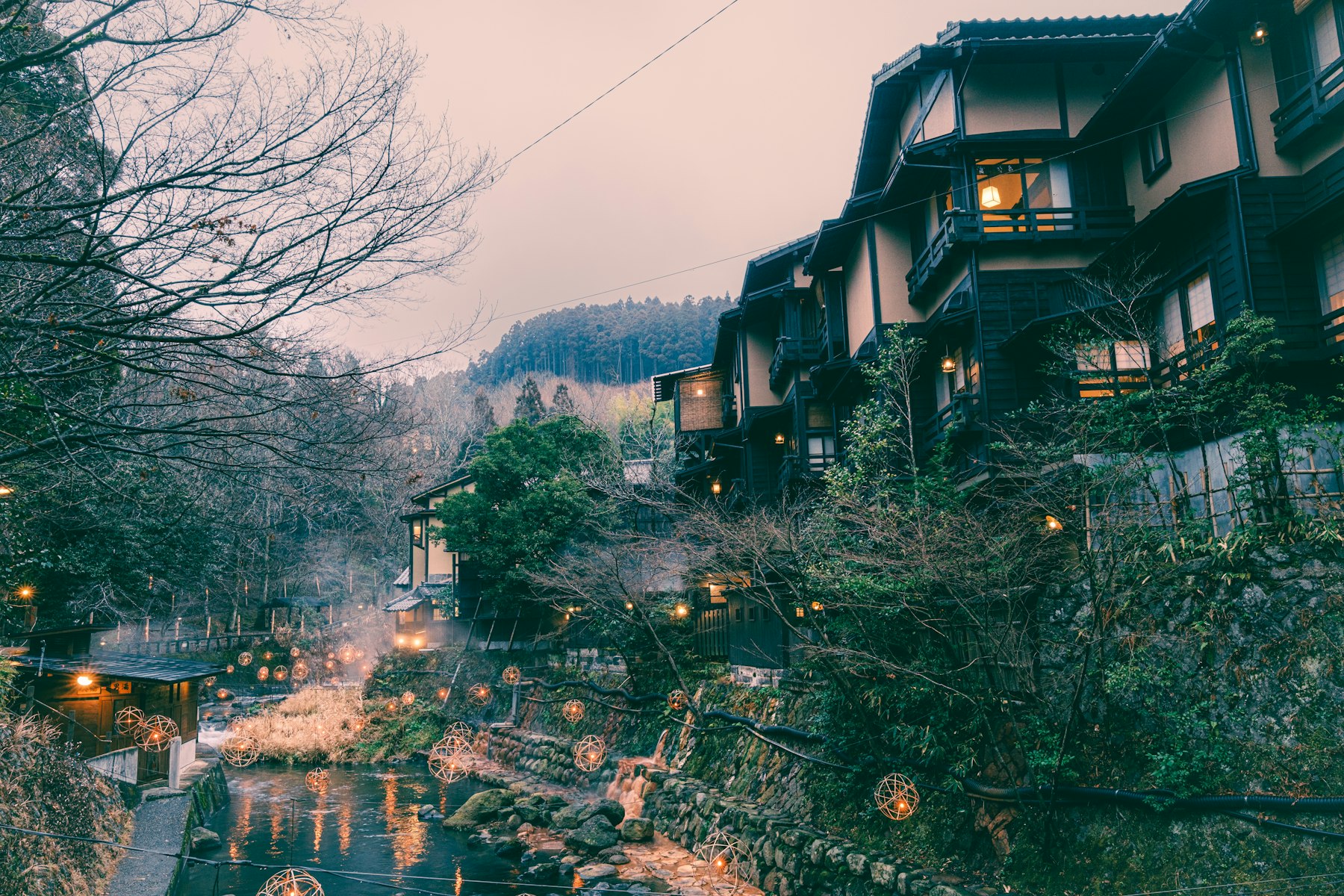 Ryokan along the river in Kurokawa Onsen, Kumamoto