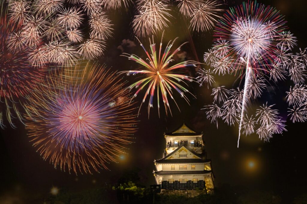 Fireworks above Gifu Castle (composite image)