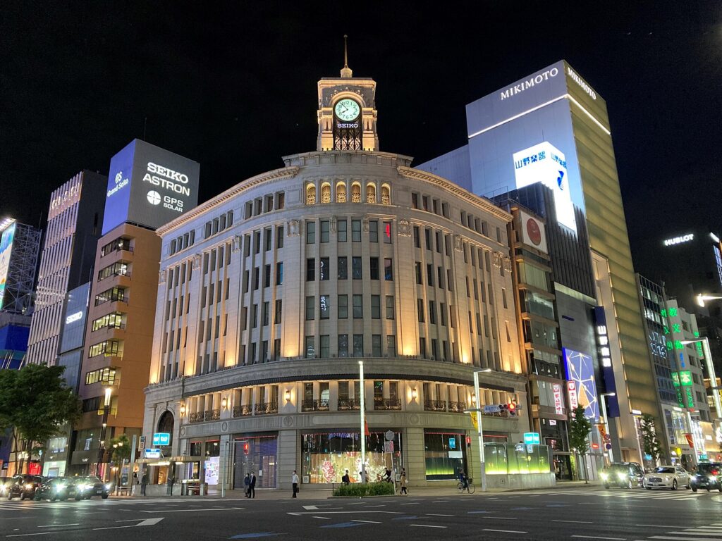 Ginza 4-Chome Crossing at night with the Wako clock tower, Tokyo