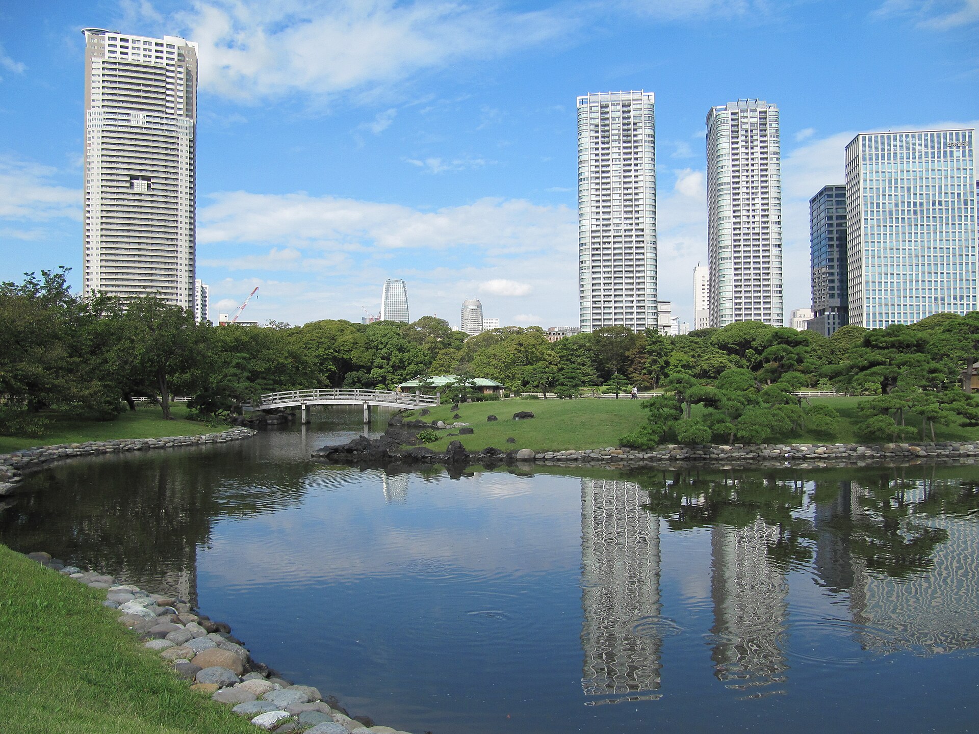 Hama-rikyu Gardens pond with Shiodome towers behind