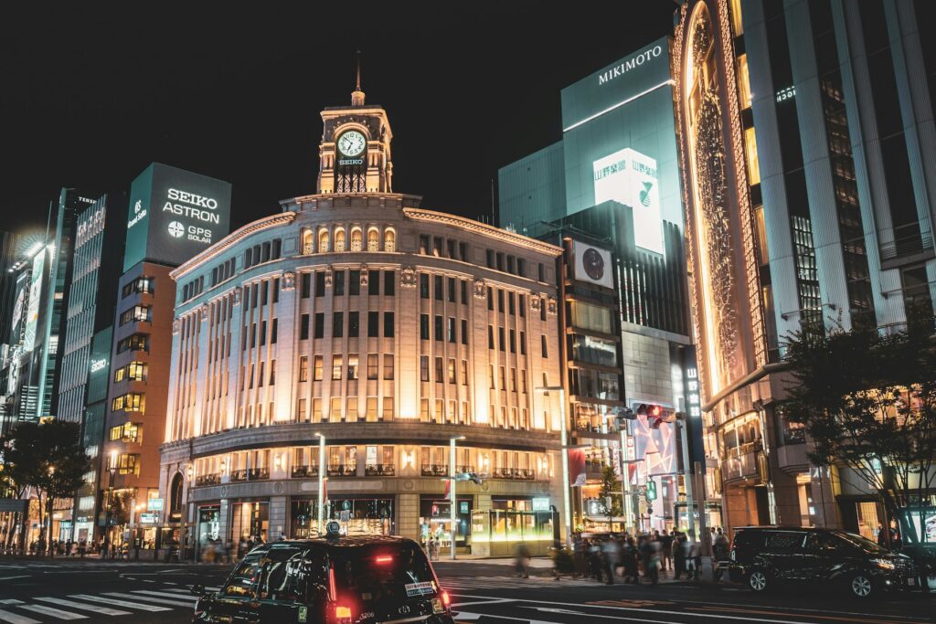 The Wako clock tower in Ginza at night, the heart of Tokyo&rsquo;s department-store district for tax-free shopping