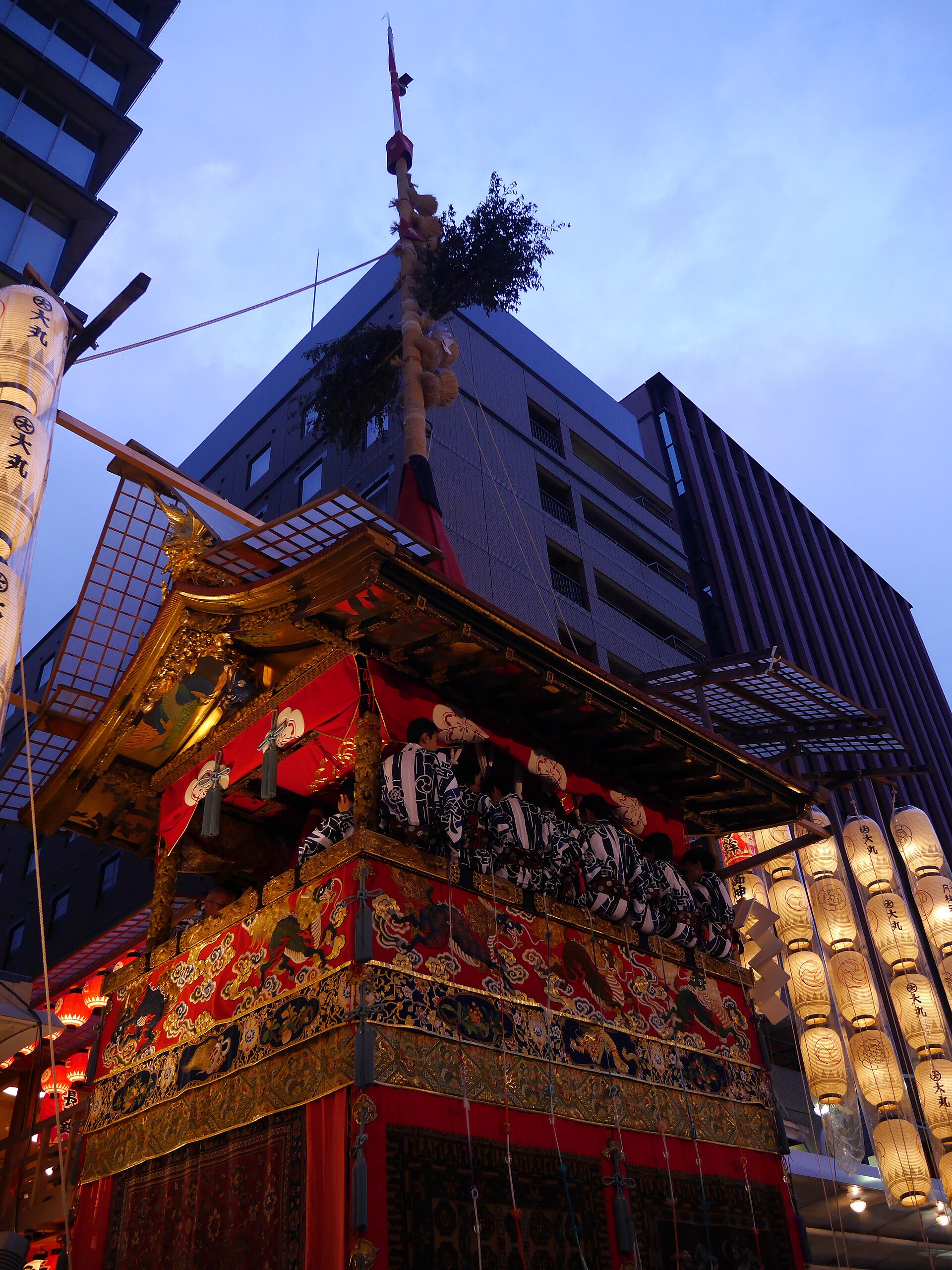 Gion Matsuri: the Naginata-boko float lit up on a Yoiyama evening