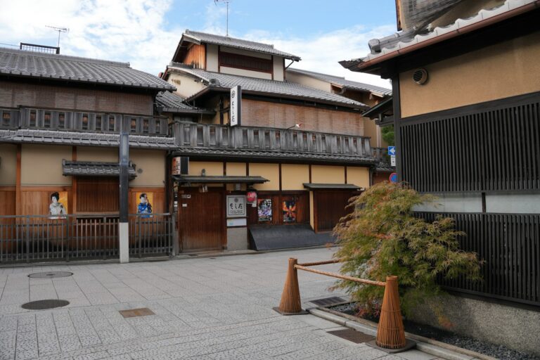 Wooden teahouses on Hanamikoji Street in Gion, a short walk from Gion-Shijo station in Kyoto