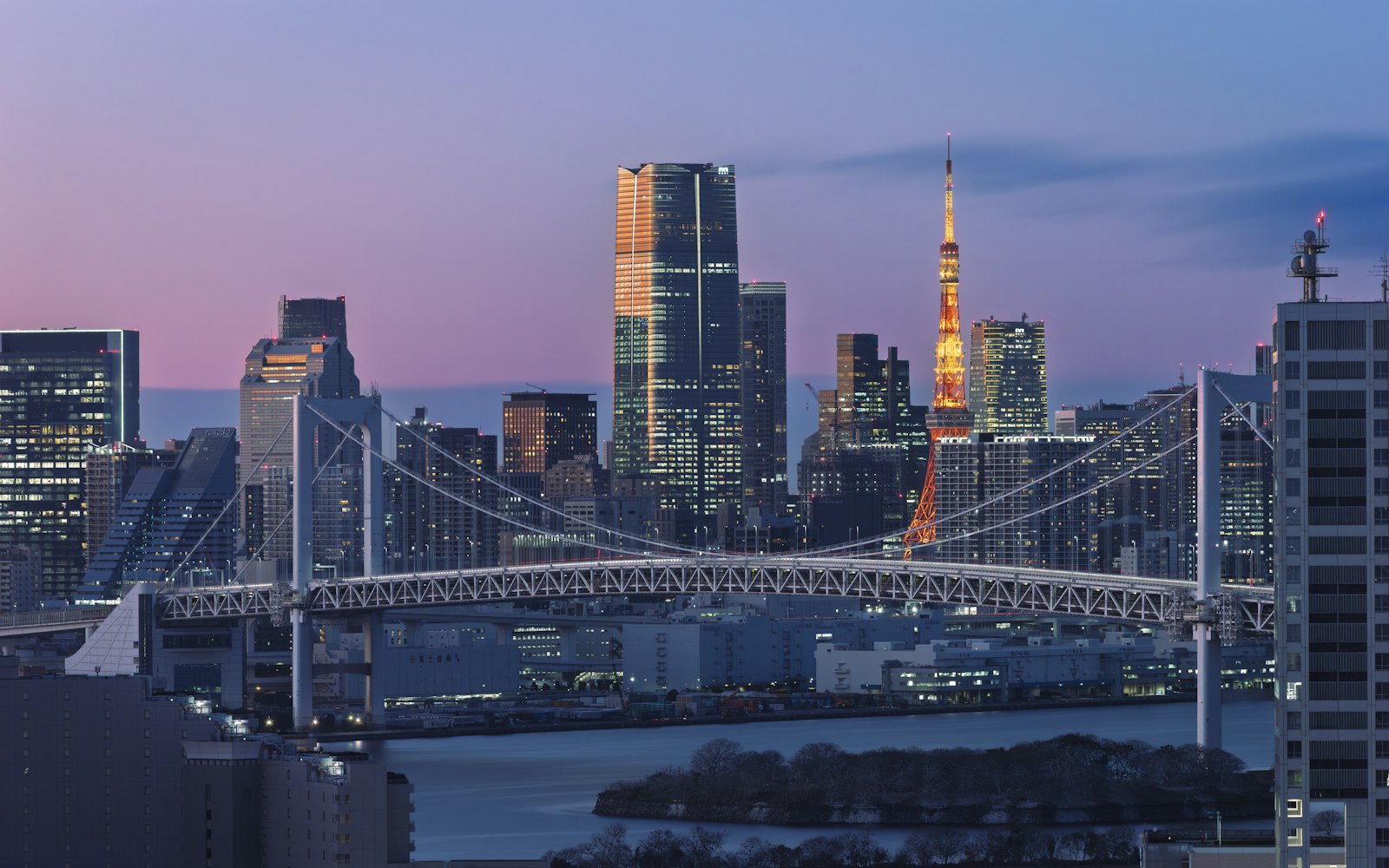 Rainbow Bridge at dusk, crossed on the Tokyo Bay go kart route