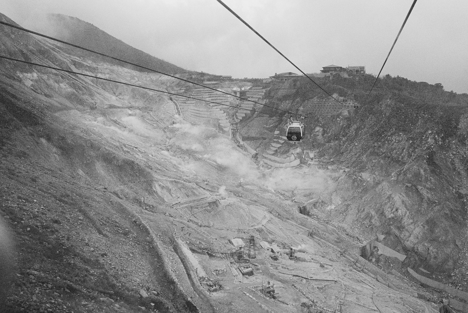 Hakone Ropeway gondolas climbing over the volcanic slopes of Owakudani