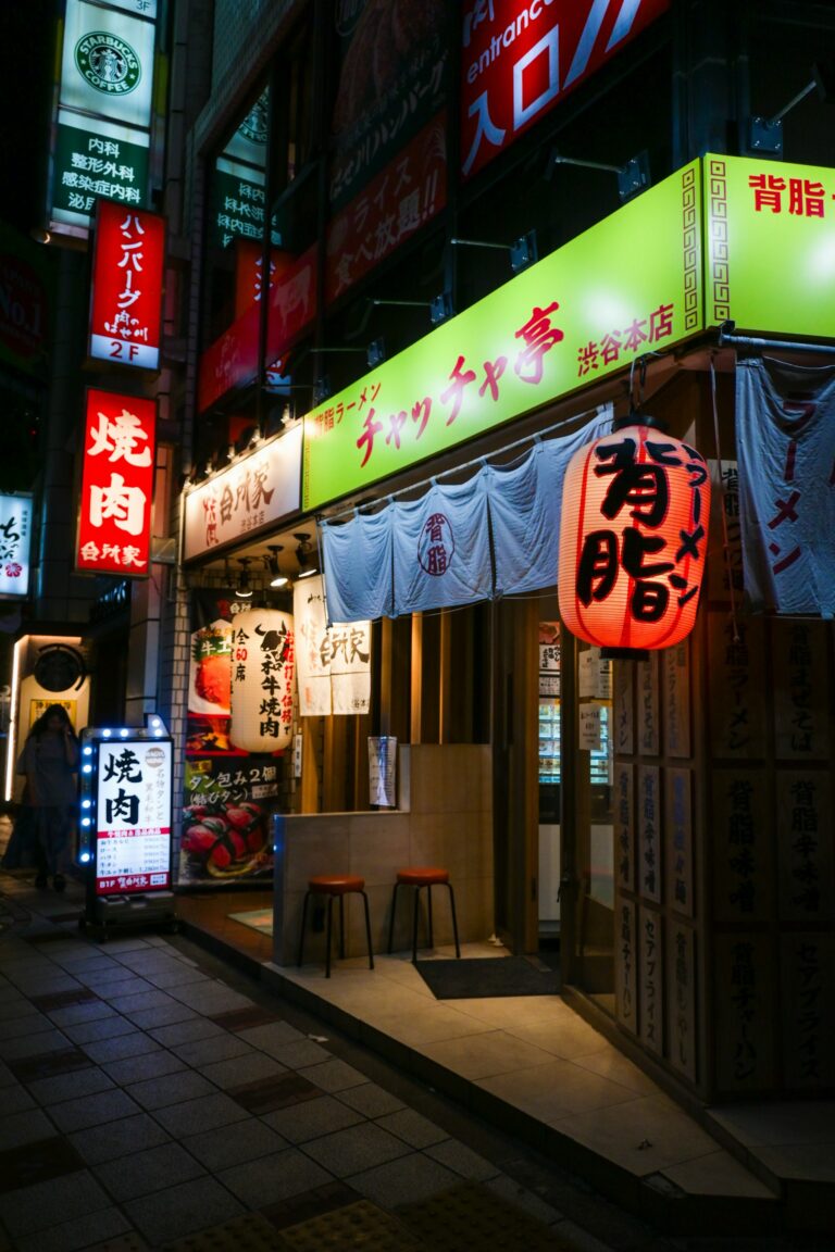 Japanese restaurant entrance with glowing lanterns at night in Shibuya, showing how to book restaurants in Japan