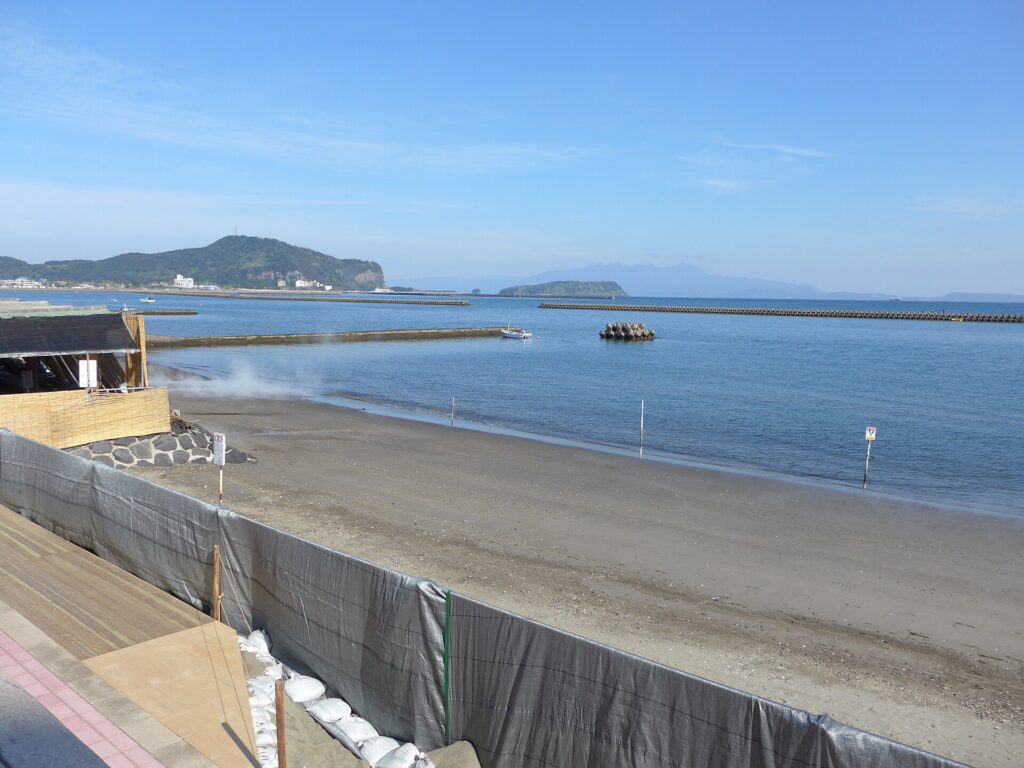 Ibusuki hot-sand beach, home of the sand bath, with Chiringashima island offshore, Kagoshima
