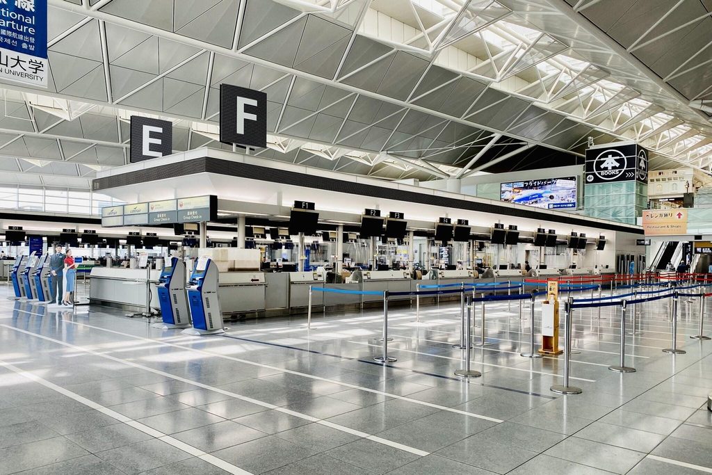 Check-in counters in the international departure lobby at Chubu Centrair Airport, one of seven airports where Visit Japan Web can be used