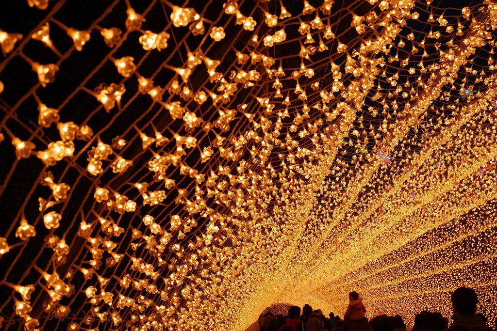 The 200-metre light tunnel at Nabana no Sato, lined with warm flower-shaped bulbs The 200-metre light tunnel at Nabana no Sato, lined with warm flower-shaped bulbs