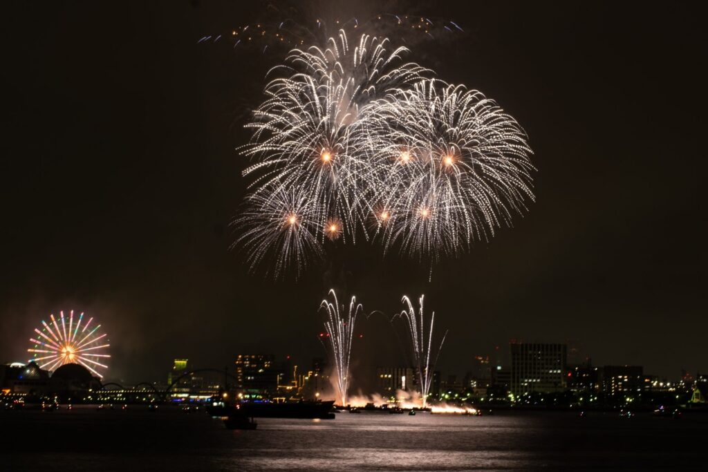 Fireworks over Nagoya Port at night