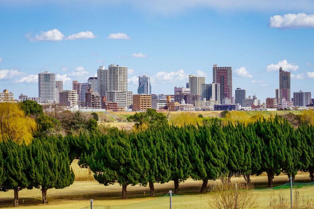 Kawaguchi skyline from the Arakawa riverbank, Saitama