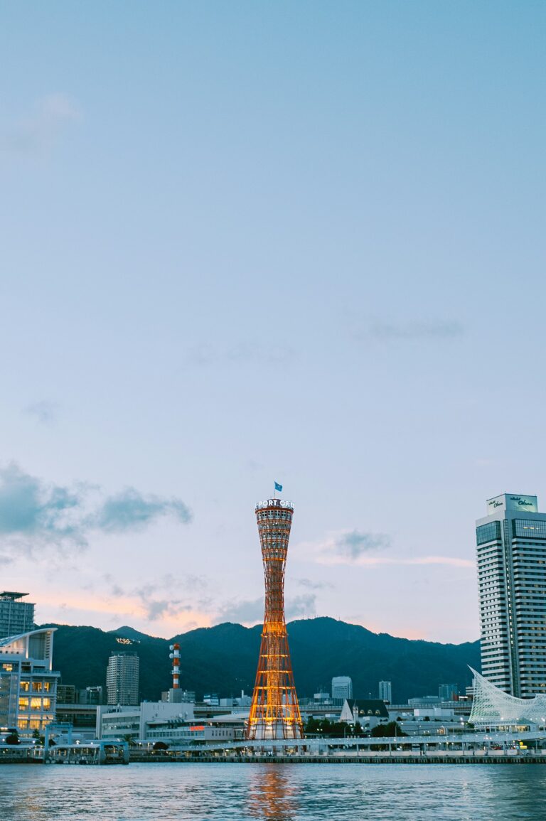 Kobe Port Tower and city lights at dusk, the night view behind the Kobe Christmas market 2026