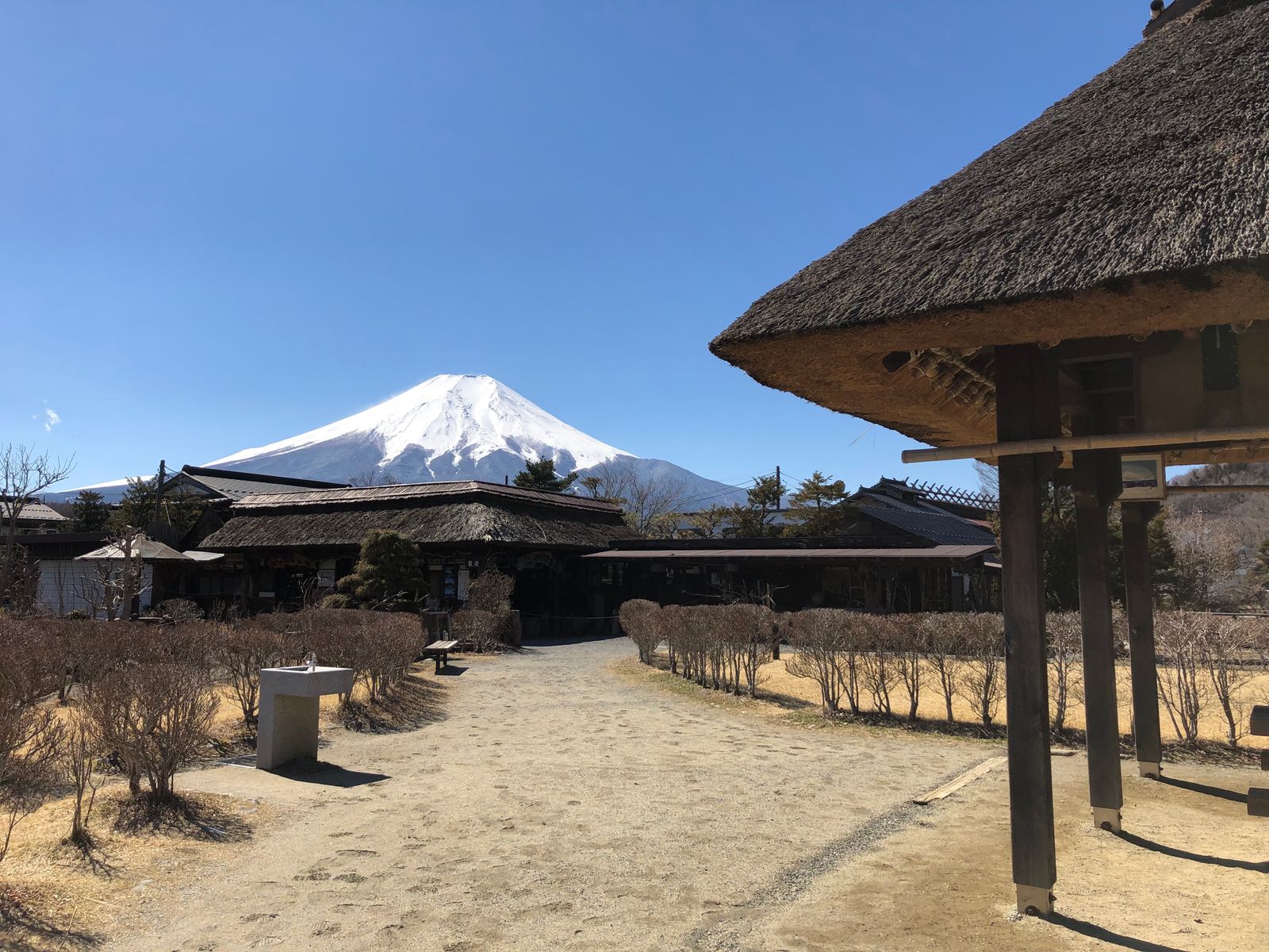Mt Fuji above traditional thatched buildings at Oshino Hakkai village, Yamanashi