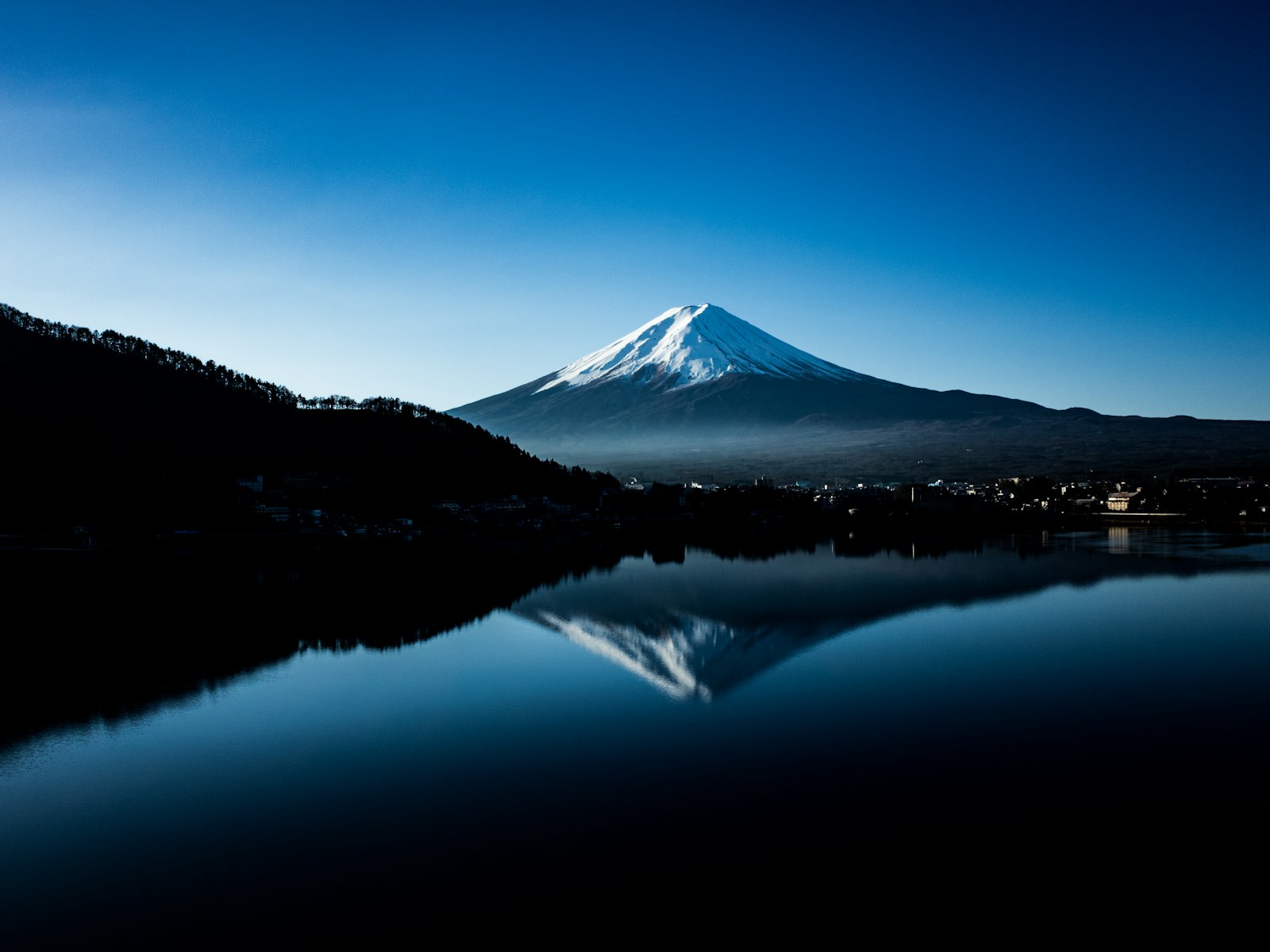 Mt Fuji reflected in Lake Kawaguchi on a clear day
