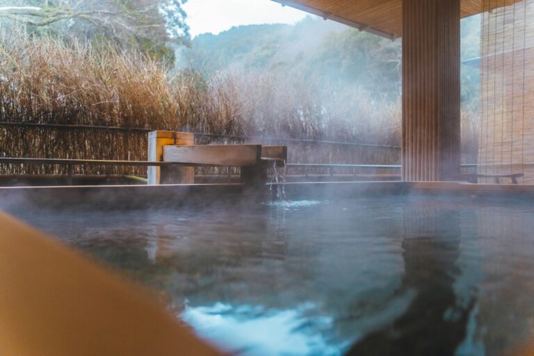 Onsen etiquette: a steaming outdoor hot spring bath in Japan