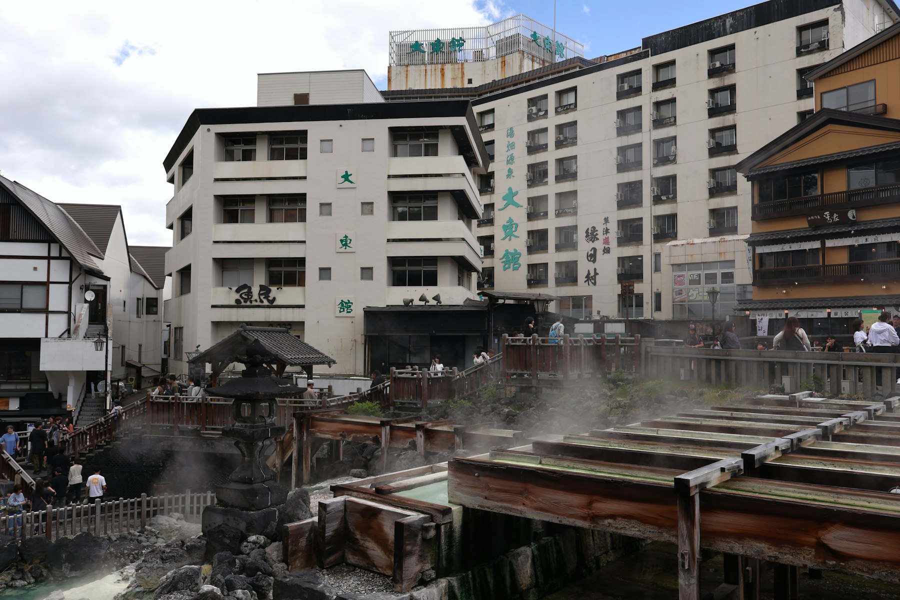 Steam rising from the Yubatake hot spring field in Kusatsu Onsen, Gunma