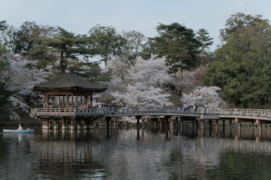 桜の季節の奈良公園、浮見堂