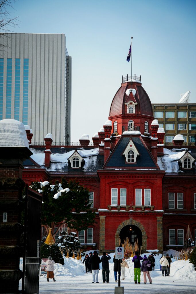 Red-brick historic building in the snow in Sapporo, Hokkaido, in winter