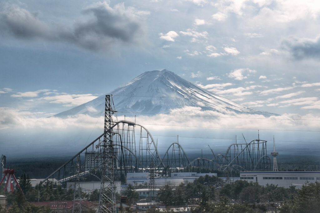 Sumikko Gurashi hotel room Fuji-Q location: Mt Fuji rising above a roller coaster at Fuji-Q Highland
