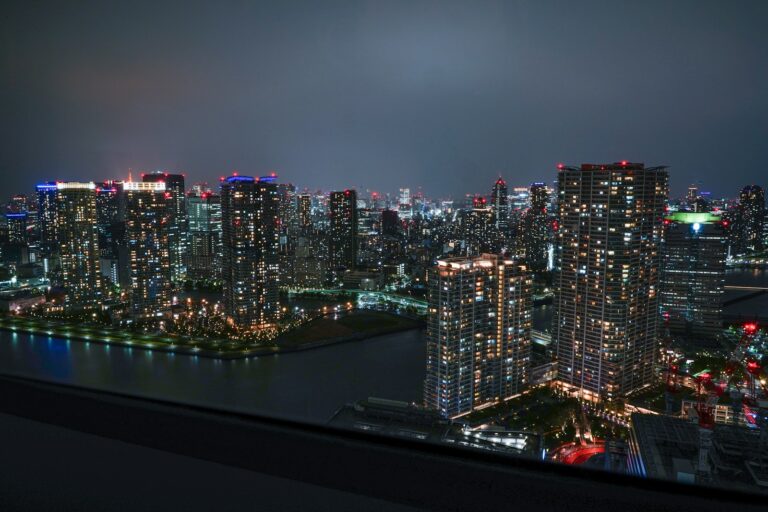 Tim Burton labyrinth Tokyo venue area: Toyosu waterfront towers at night over Tokyo Bay