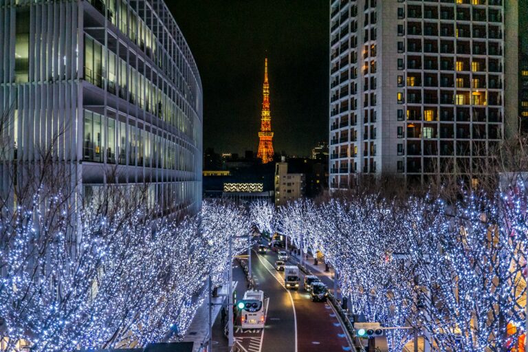 Tokyo christmas market 2026: Tokyo Christmas market season: blue Keyakizaka Christmas illumination in Roppongi with Tokyo Tower behind