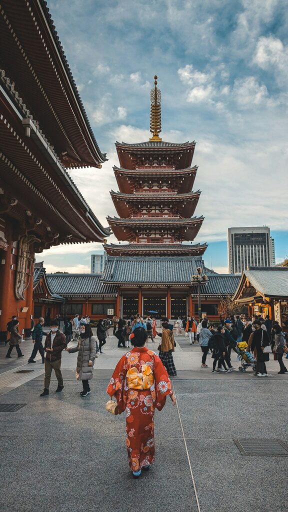 Woman in kimono in front of the Senso-ji pagoda, Asakusa, a Halloween kimono photoshoot idea