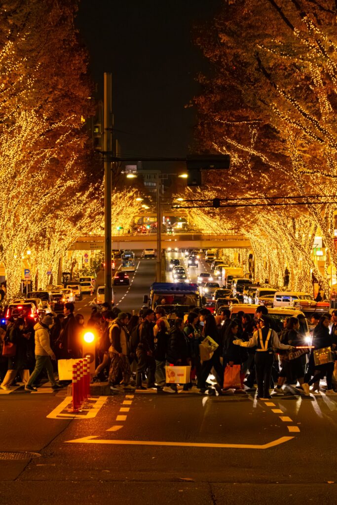 Tokyo winter illumination – crowds under golden-lit street trees on a Tokyo avenue at night