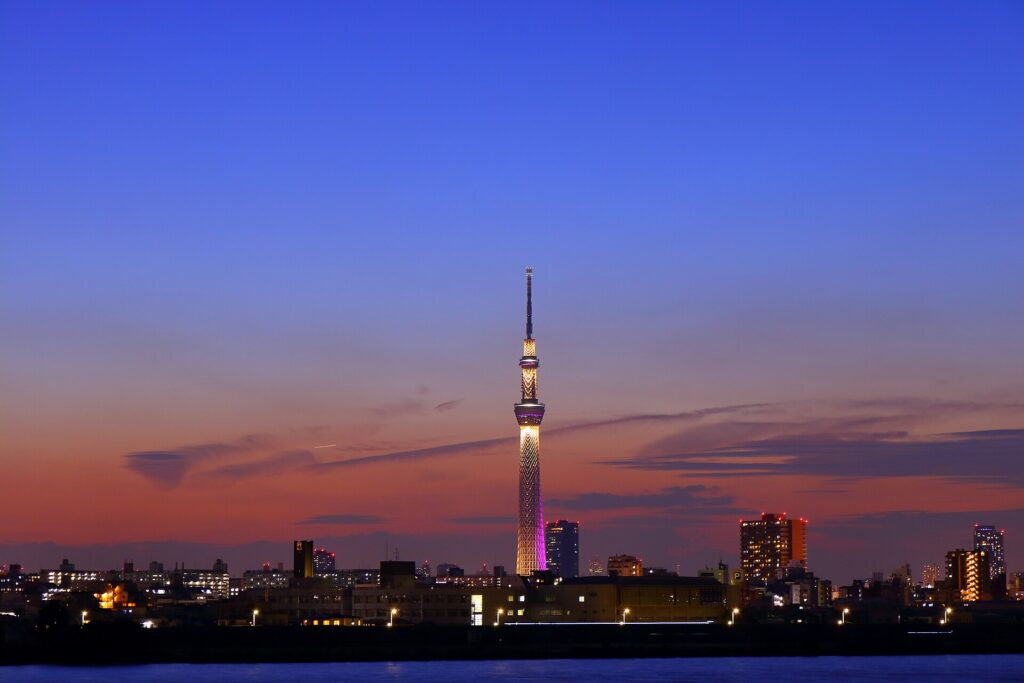Tokyo Skytree silhouetted at dusk over the city