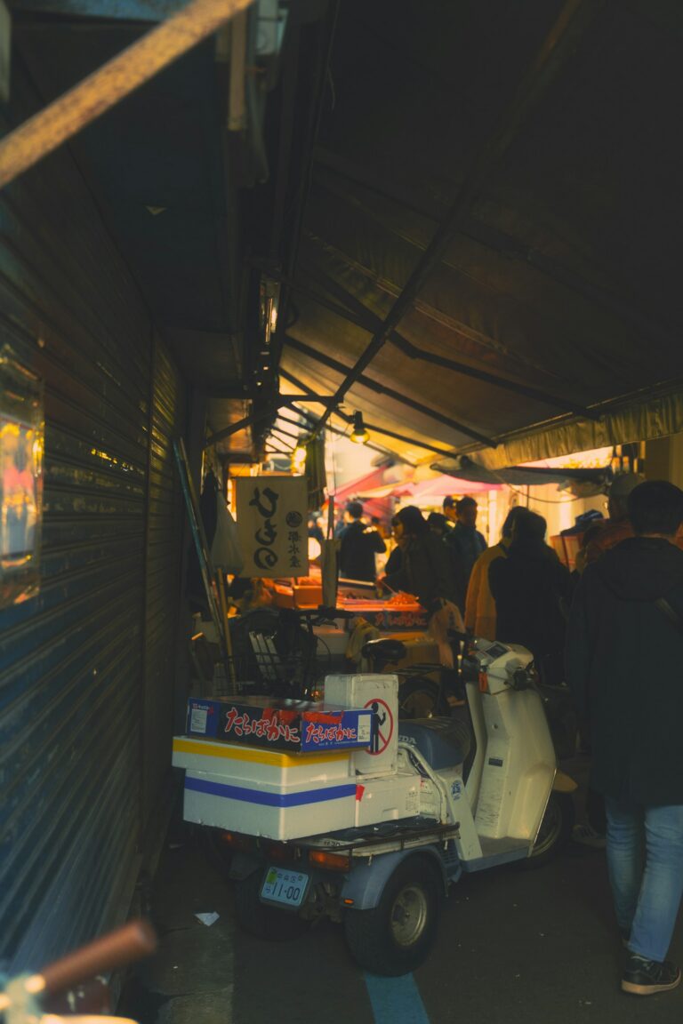 Tsukiji food tour: Turret cart in a narrow covered alley at Tsukiji Outer Market, Tokyo