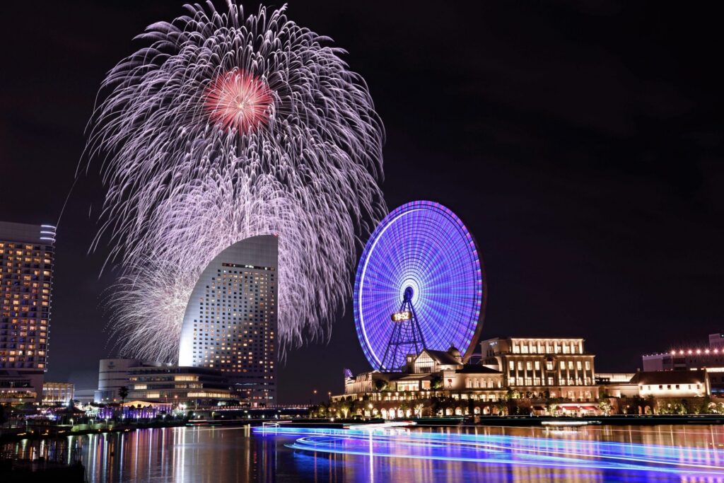 Fireworks over Minato Mirai, Yokohama, during the Port Opening Festival